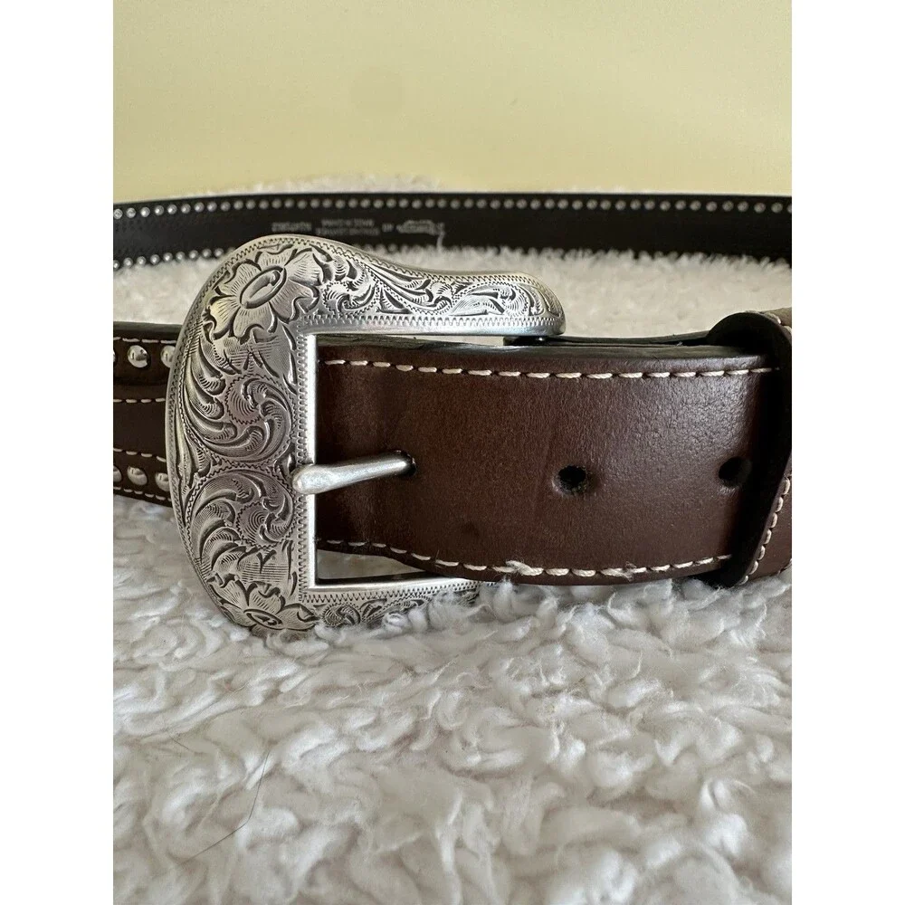 Nocona Leather Brown Belt With Etched Engraved Silver Buckle Tribal Cowboy Sz 46